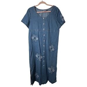 Md Vtg Bleu Bayou Y2k Denim Maxi Dress Embroidered Floral Cottagecore Americana
